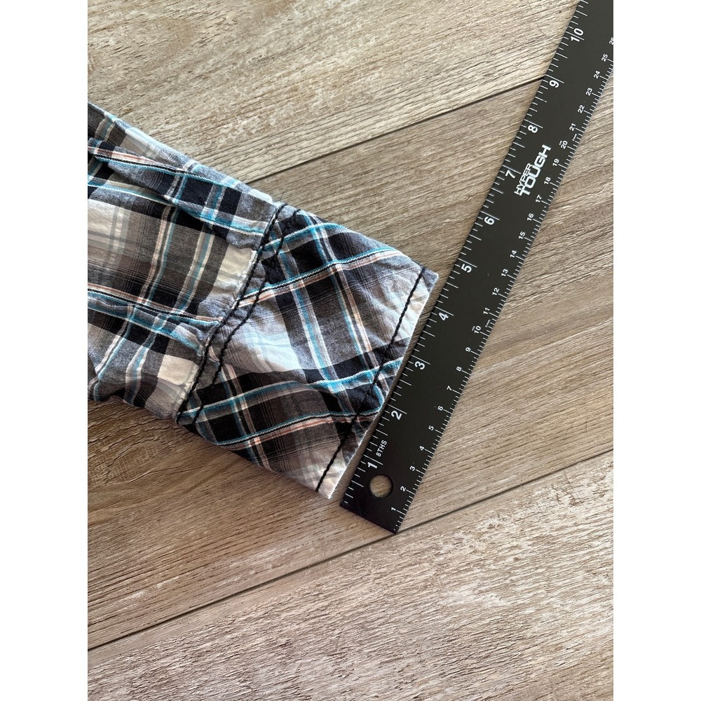 Buckle Black Shirt Men Large Slim Fit Black Teal Plaid Snap Button Western Rodeo - Picture 9 of 9